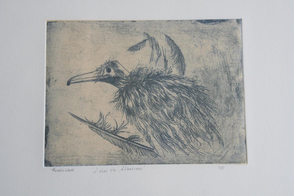 I Shot the Albatross, soft ground etching, print by artist Heather Wood