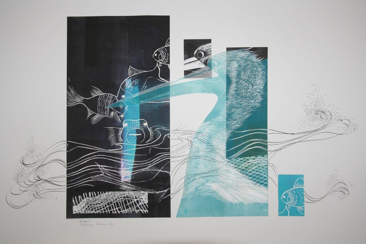 Pelican Dreams, print, linocut by artist Heather Wood