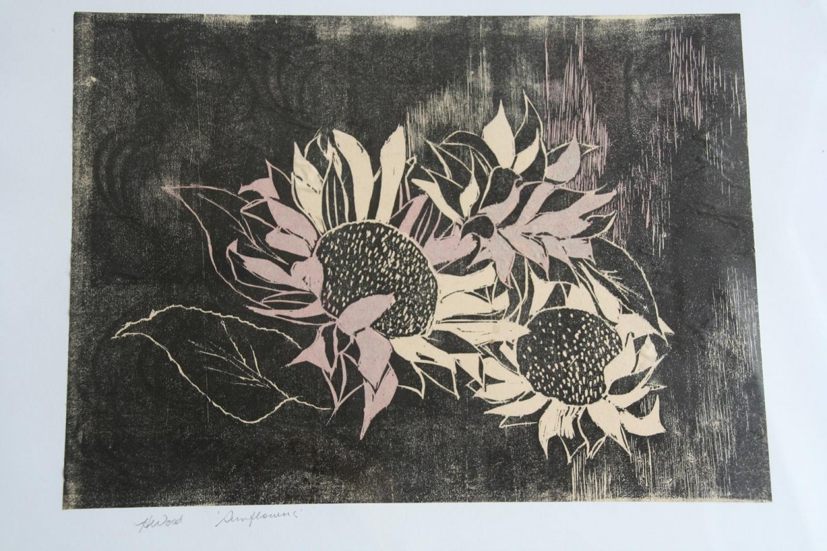Sunflowers, woodblock printing print by artist Heather Wood