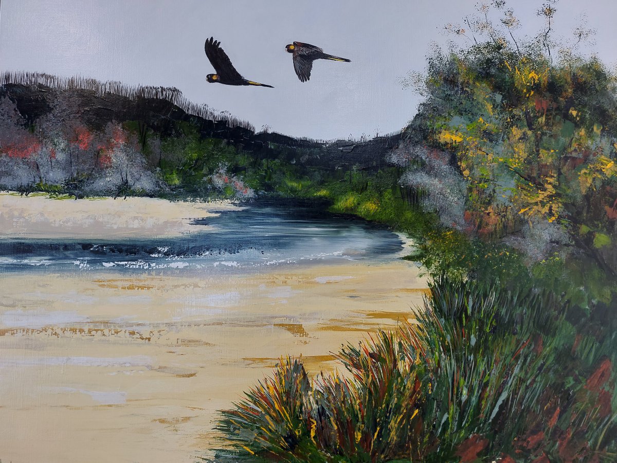 Yellow Tailed Cockatoos, Recovery Mallacoota, acrylic on linen by Heather Wood 